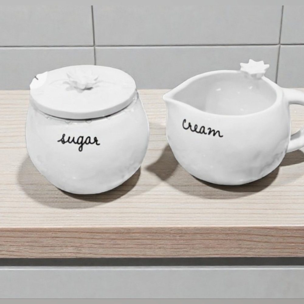 NEW Rae Dunn White Ceramic Script Font Cream and Sugar set